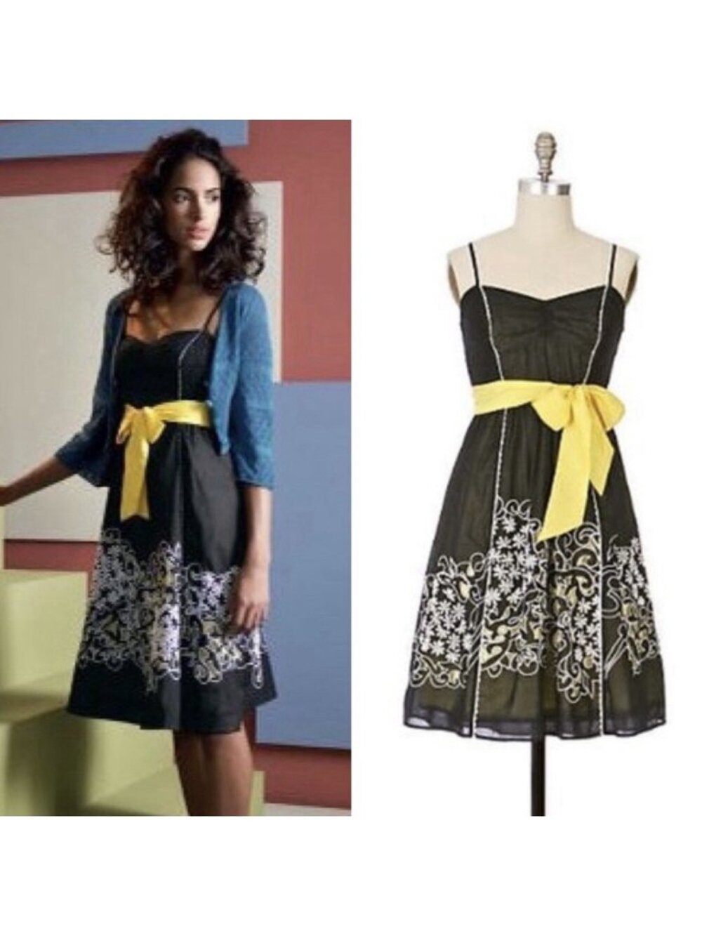 Anthropologie Floreat 4 Step By Step Dress Yellow Black Sundress Eyelet Smocked